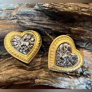 Heavy Gold Tone Heart Earrings Pegasus Gunmetal Silver Tone Unicorn Wings Horse